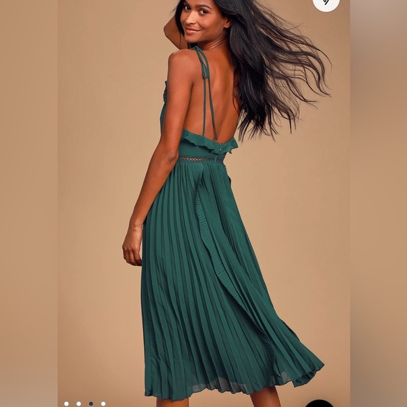 Lulus Never a Dull Moment Emerald Green Tie-Strap Pleated Midi Dress - Picture 3 of 8